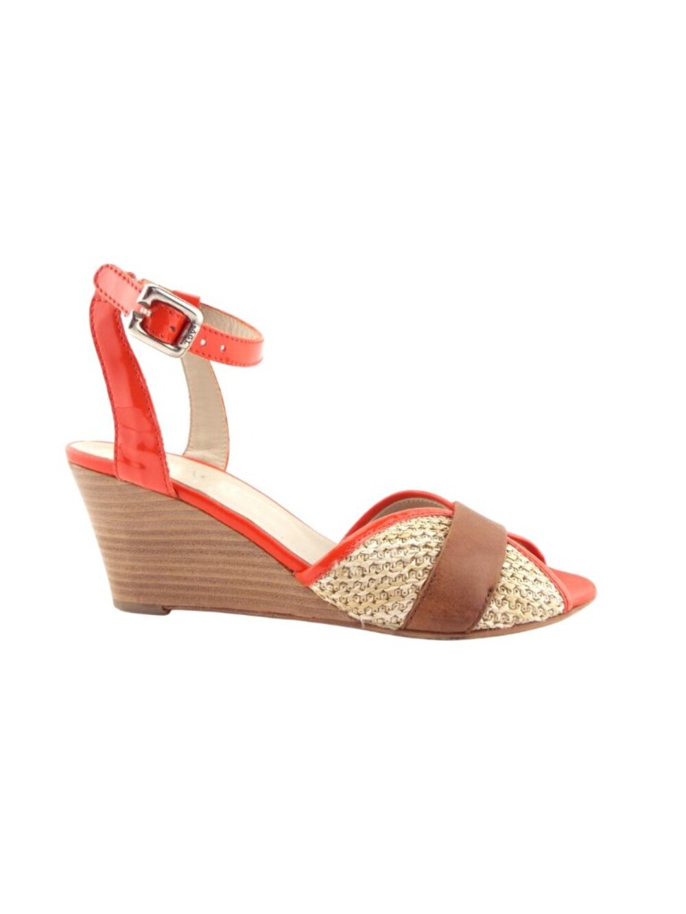AGL ATTILIO GIUSTI LEOMBRUNI Orange Patent Leather Raffia Wedge Heel Sandals 38